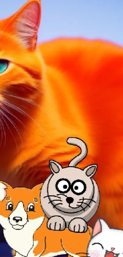 Illustrated orange cat with cartoon companions on vibrant background.