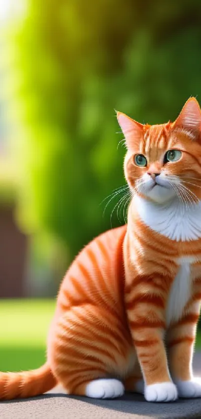 Orange tabby cat sitting in lush green garden scene.