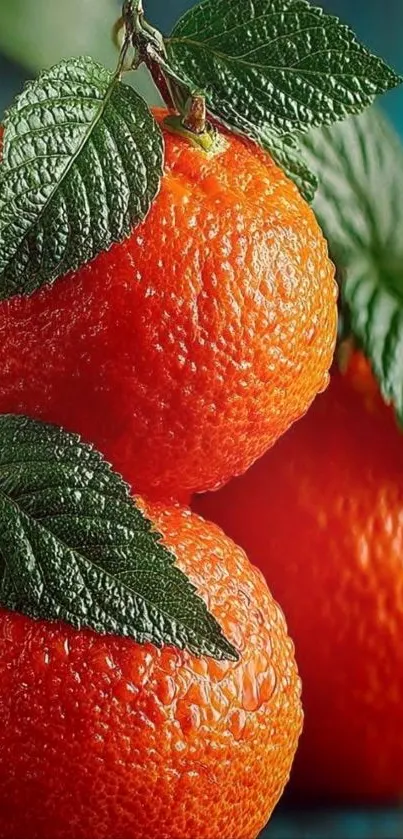 Close-up of vibrant oranges with green leaves.