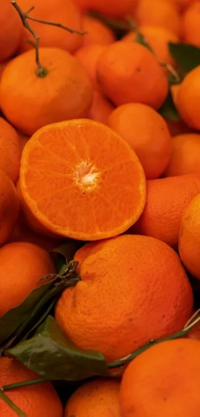 Fresh oranges stacked together with one sliced open.