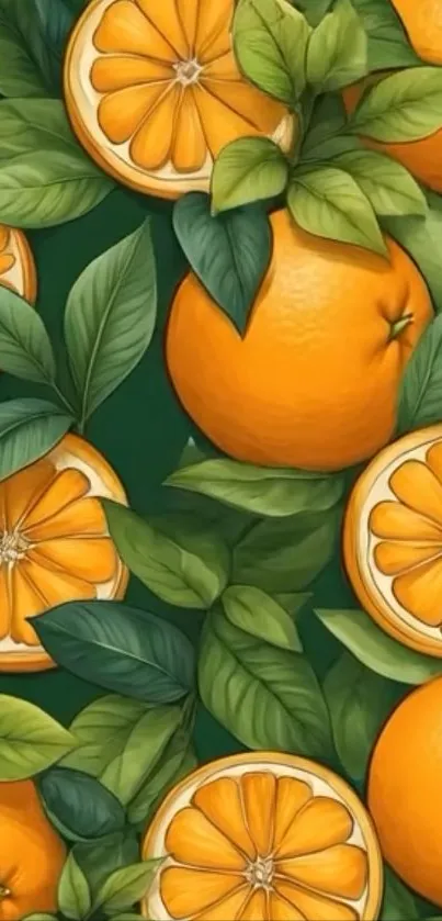 Orange and green citrus pattern wallpaper with leaves.