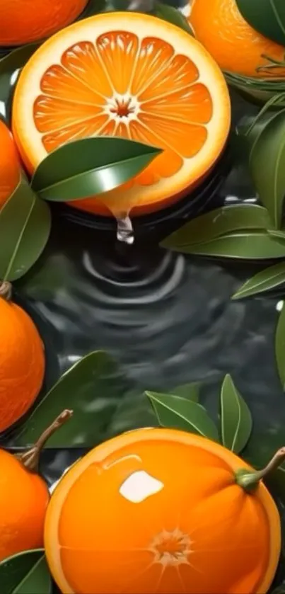 Vibrant orange citrus fruits with green leaves on water.
