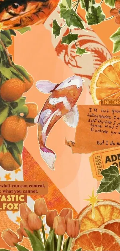 Vibrant orange collage wallpaper with koi fish and quotes.