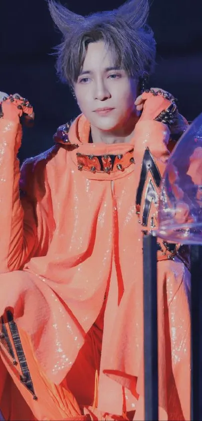 Person in vibrant orange costume on a dark background.