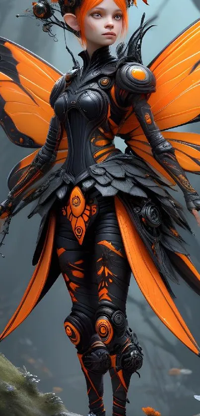 Fantasy art wallpaper of an orange-themed fairy with intricate black armor.