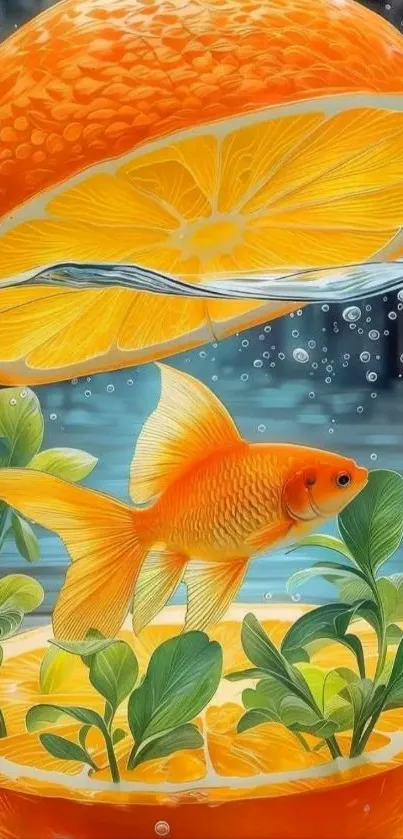 Fantasy art of a goldfish swimming inside a vibrant orange slice.