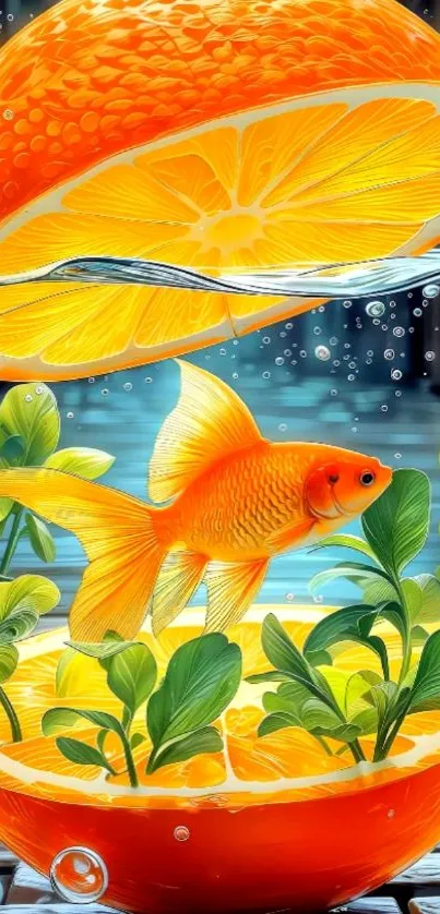 Surreal goldfish in an orange slice with leaves.