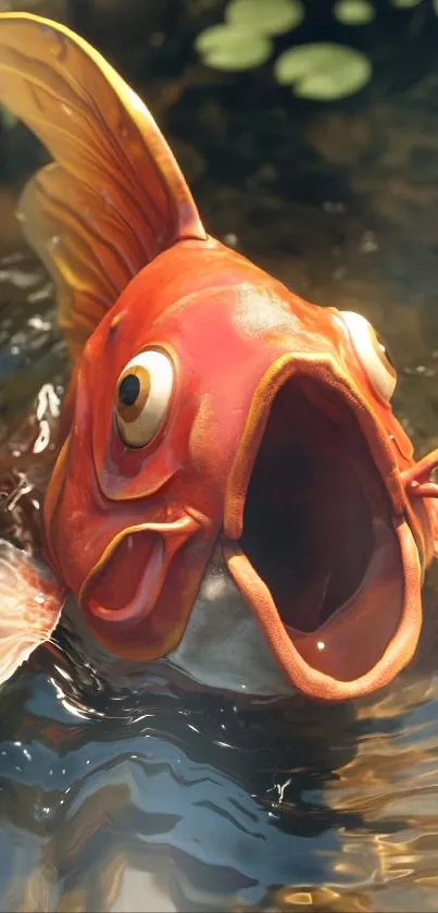 A vibrant orange fish with open mouth in shimmering water.