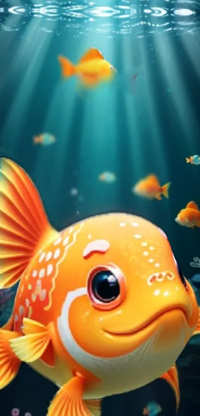 Vibrant orange fish swimming in an ocean scene with radiant light beams.