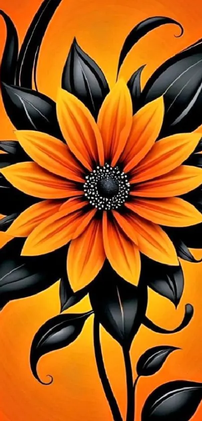 Orange and black abstract floral wallpaper with vibrant design.