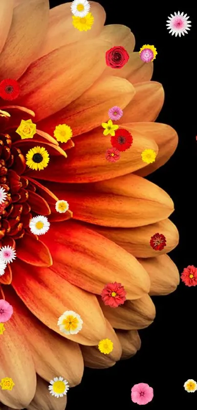 Vibrant orange flower with intricate petals on a black background.