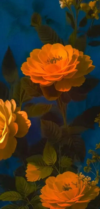 Beautiful orange flowers on blue background wallpaper.