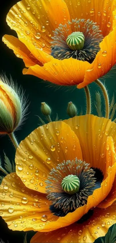 Orange flowers with dewdrops on petals, vibrant wallpaper.