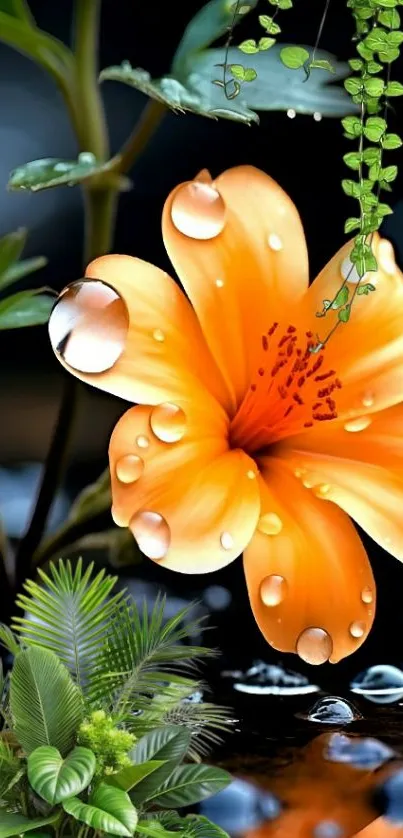 Vibrant orange flower with water droplets and green leaves.