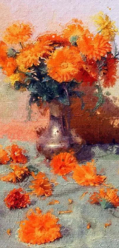 Artwork of orange flowers in a vase with a textured background.