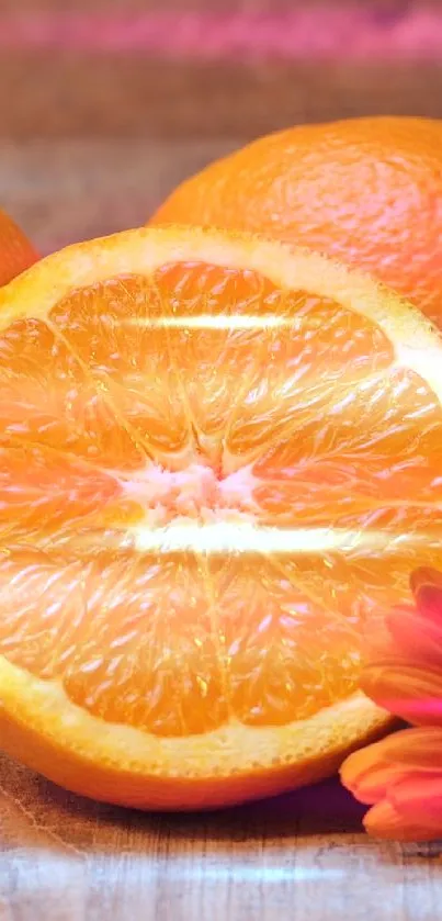 Fresh oranges and flowers on a wooden surface, vibrant mobile wallpaper.