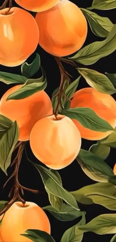 Orange fruits with lush green leaves on a dark background.