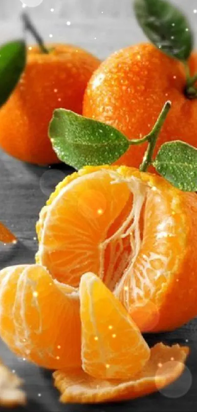 Vibrant and fresh orange fruits with green leaves on a blurred background.
