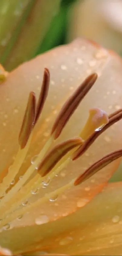 Orange lily with dewdrops and lush green background.