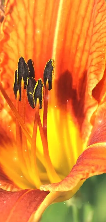 Close-up of vibrant orange lily flower with glowing petals.