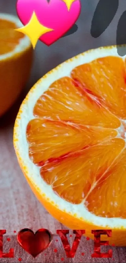 Bright orange fruit and love symbols wallpaper.