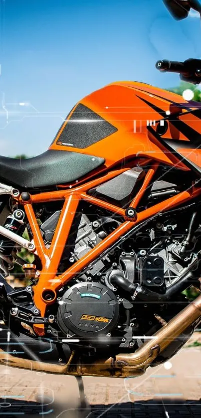 Vibrant orange motorbike with sleek design and visible engine components.