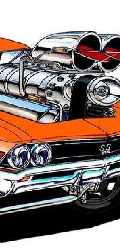 Illustrated vibrant orange muscle car with detailed engine.