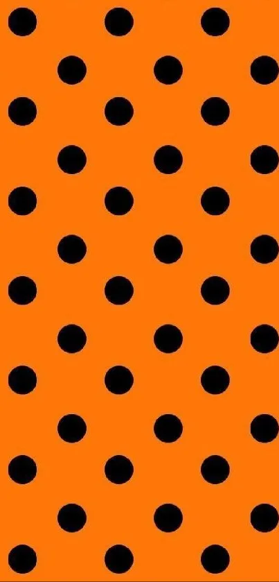 Orange wallpaper with black polka dots.