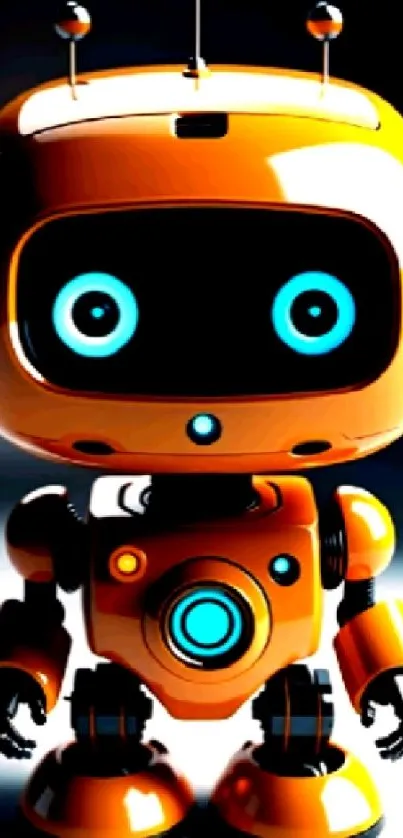 Orange robot with blue eyes on a dark background