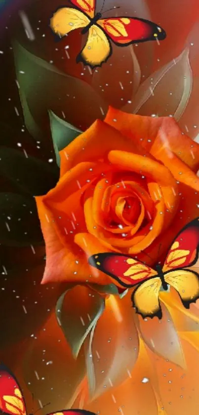 Orange rose with butterflies in a vivid mobile wallpaper.