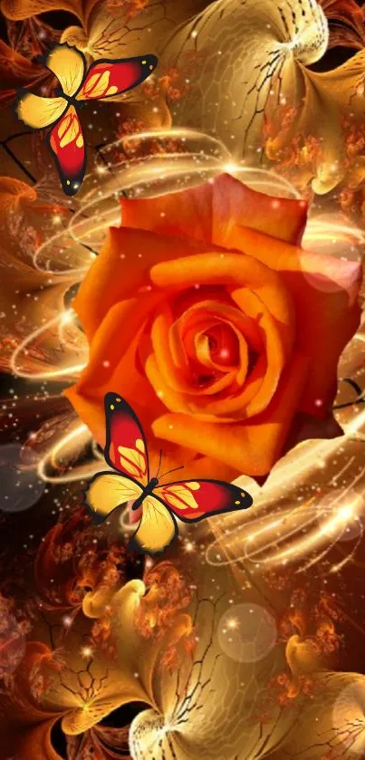 Vibrant orange rose with butterflies and swirling artistic elements.