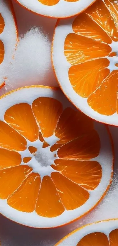 Close-up of vibrant, juicy orange slices with a frosty effect.