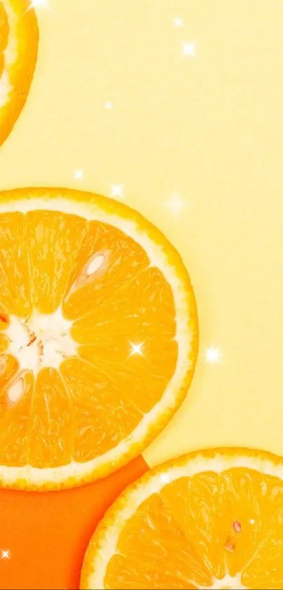 Three orange slices on a vibrant gradient background.