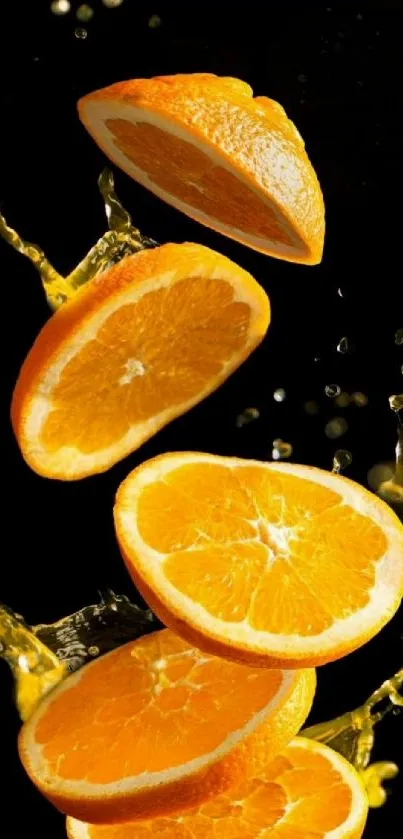 Vibrant orange slices with juice splashes on black background.