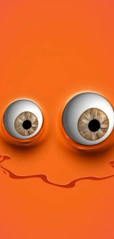 Vibrant orange wallpaper with smiley face and expressive eyes.