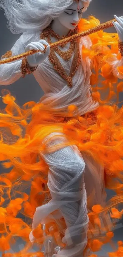 Artistic figure surrounded by vibrant orange flames.