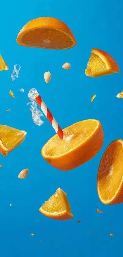 Floating orange slices on blue background with a vibrant straw.