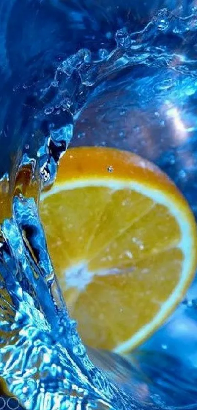 Orange slice with blue water splash wallpaper.