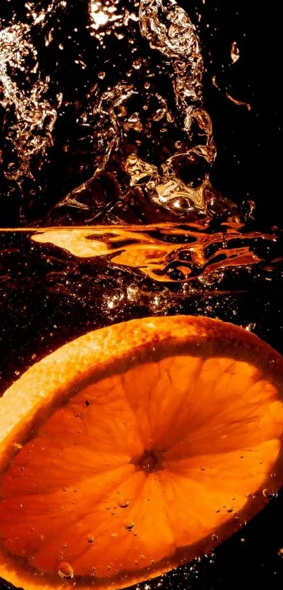 Orange slice splashing into dark water background.