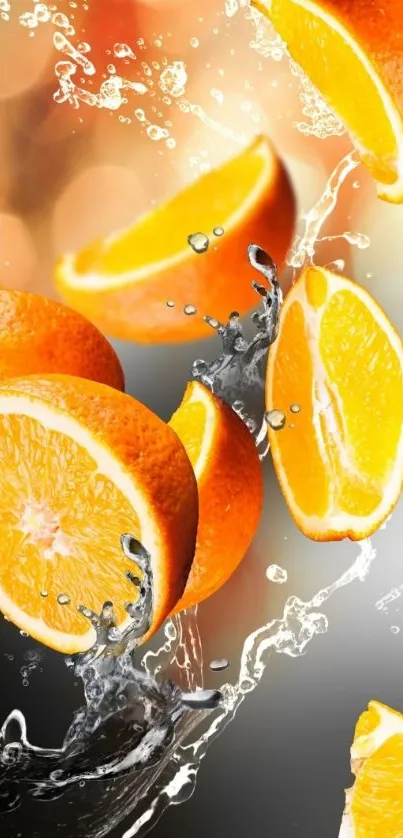 Bright orange slices in water splash on a mobile wallpaper background.