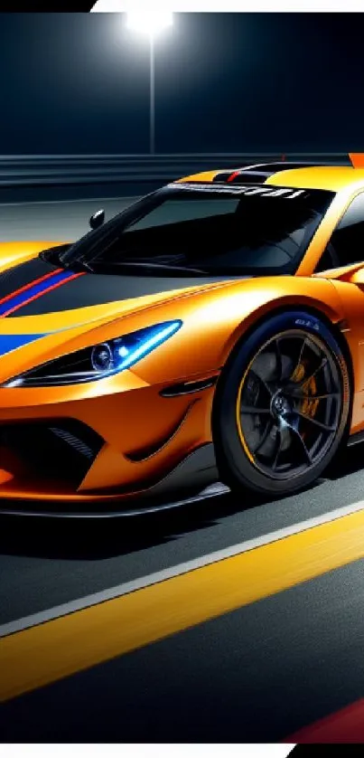 Sleek orange sports car on modern racing track.