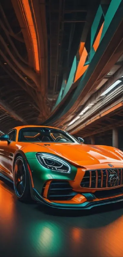 Orange sports car speeding in urban tunnel.