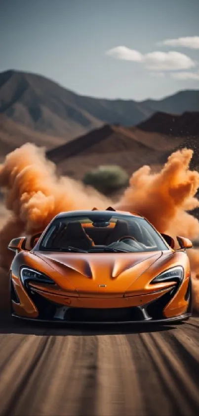 Orange sports car speeding through desert landscape with dynamic dust clouds.