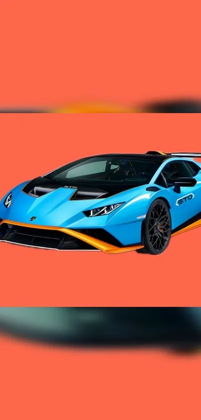 Orange background with a blue sports car at the center.