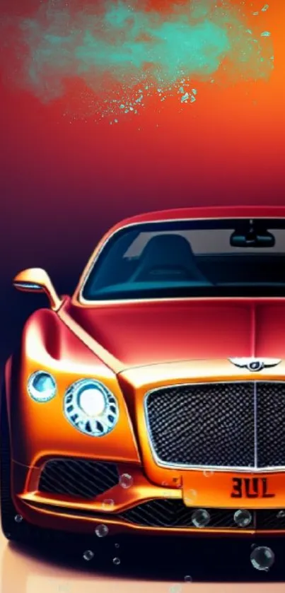 Vibrant orange sports car with artistic background.