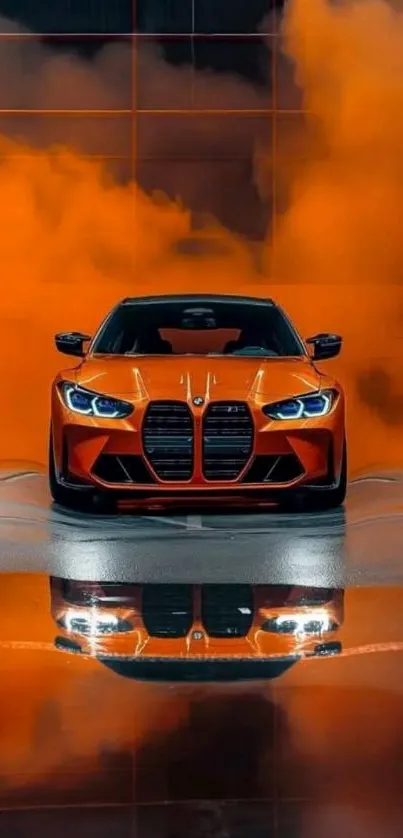 Orange sports car with fiery background reflection.
