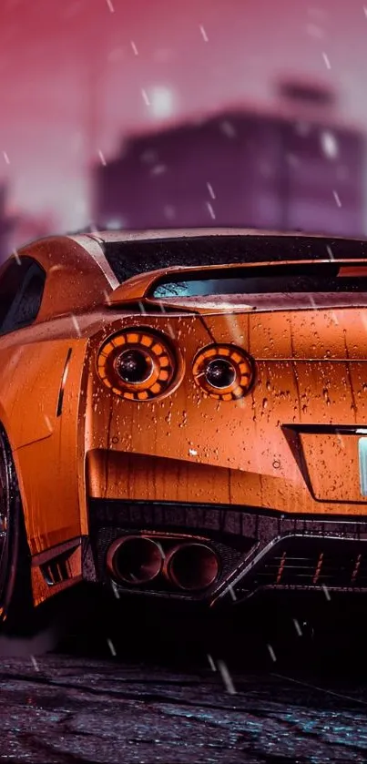 Orange sports car in a vibrant, rainy cityscape.