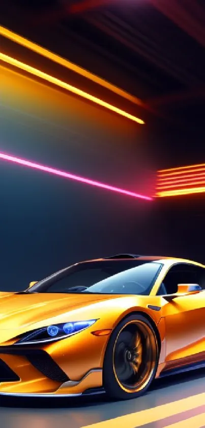 Sleek orange sports car with neon lights, perfect for mobile wallpaper.