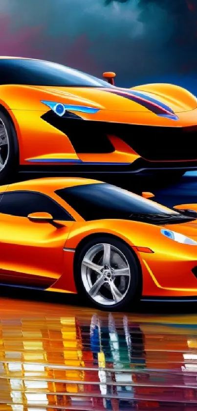 Two vibrant orange sports cars on reflective surface wallpaper.