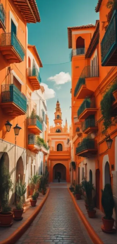 Vibrant street with orange buildings and lush plants.